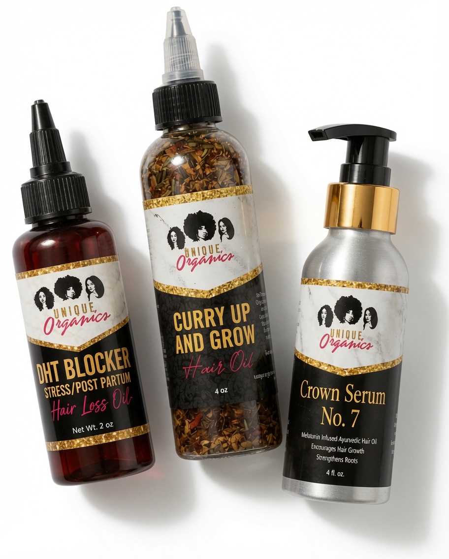 Unique Organics hair oil trio — DHT Blocker, Curry Up and Grow, Crown Serum No. 7