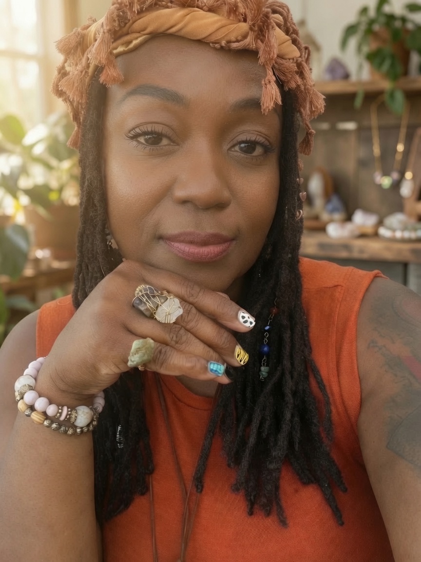 Monique Perry, founder of Unique Organics, showing her locs grown with her own botanical hair care products.