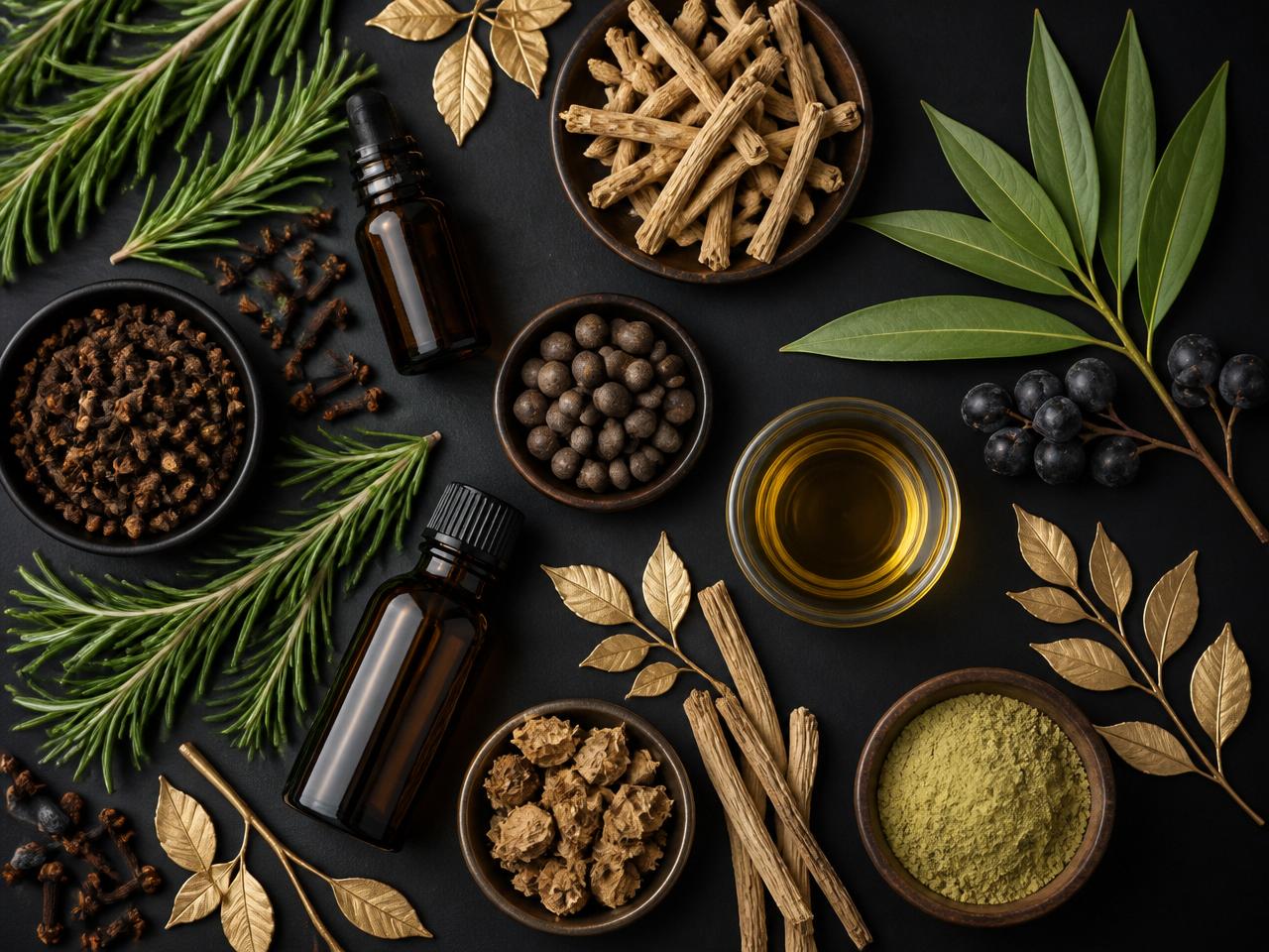 Botanical haircare ingredients flat lay